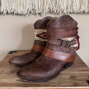 Freebird by Steven Mezcal Brown Leather Tribal Strap Short Western Boots Size 7